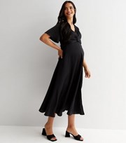 New Look Maternity Black Satin Twist Front Short Sleeve Midi Dress